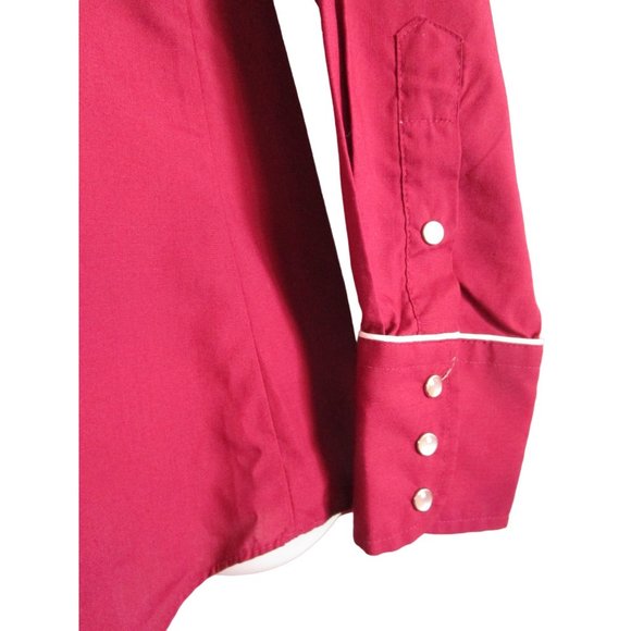 Vintage 70s Levis Pearl Snap Womans S Western Cowboy Rodeo Shirt Maroon White - Picture 11 of 16